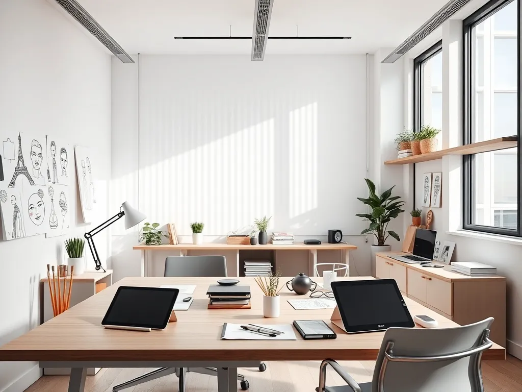 A modern bright designer office with sketches and digital ta