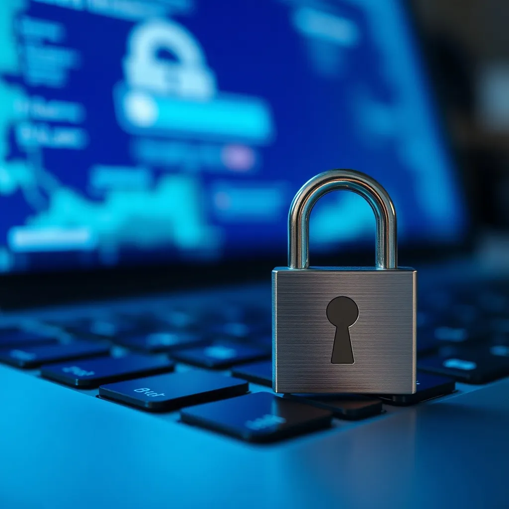 A detailed macro photo of a digital security key and a lapto