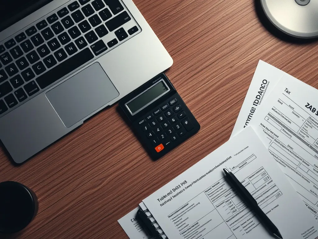 A high-quality professional office desk with a calculator, t