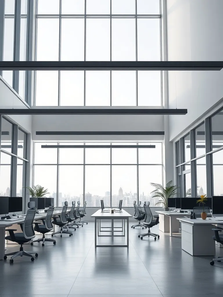 A minimalist modern office interior with large windows, arch